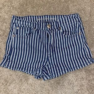 American Eagle Hi Rise Shortie Jean Shorts Blue White Stripes Stretch Size 8